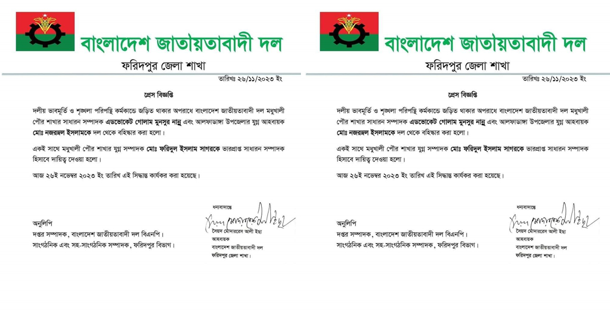 দলীয় শৃঙ্খলা ভংঙ্গের অভিযোগ এ বিএনপির নেতা বহিস্কার